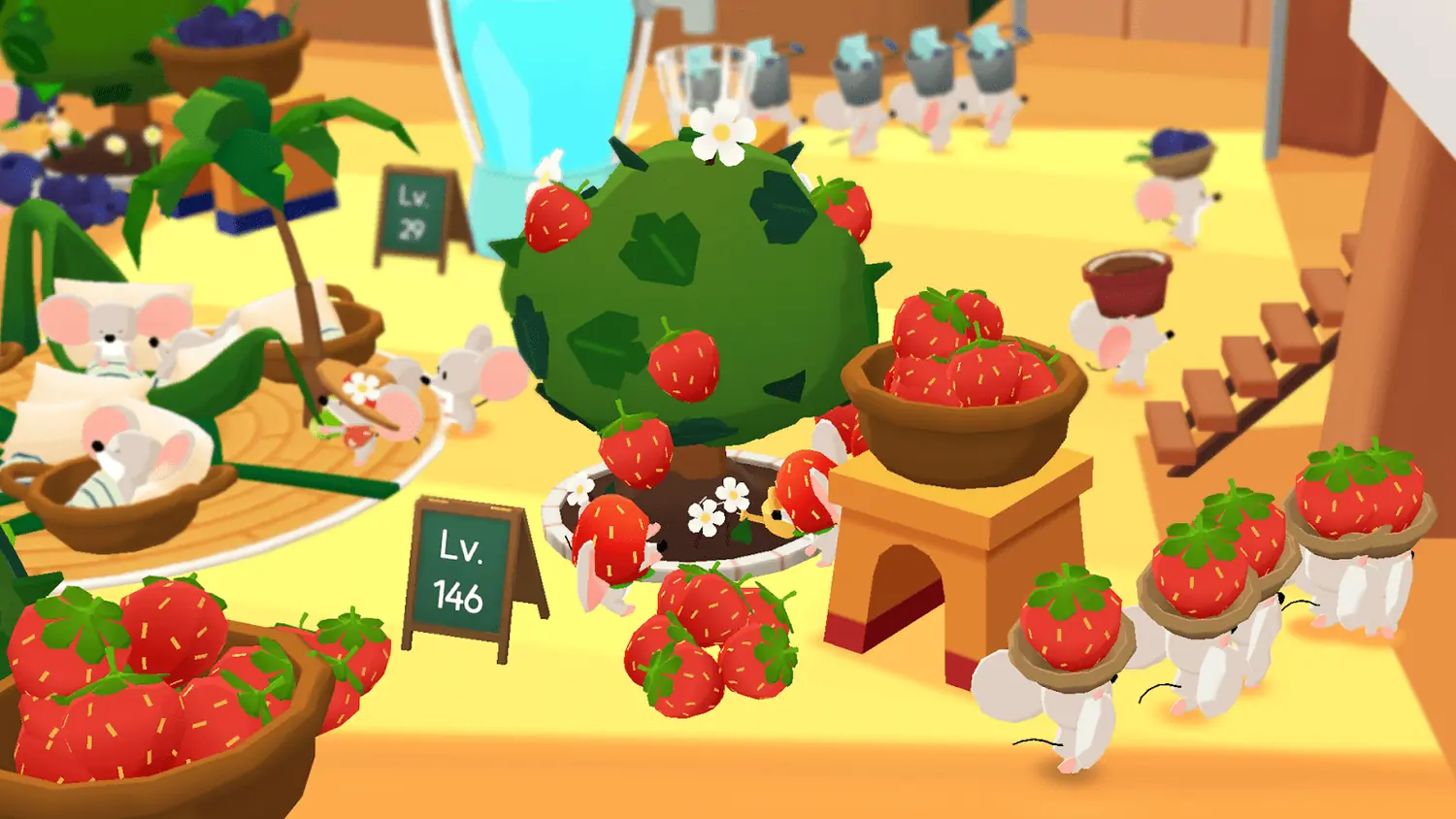 Interior de uma cafetaria ilustrada do jogo Tiny Cafe, com um jardim de morangos e clientes à mesa