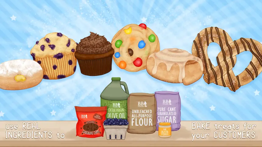 Vitrina e menus de gestão da pastelaria no jogo Baker Business 3