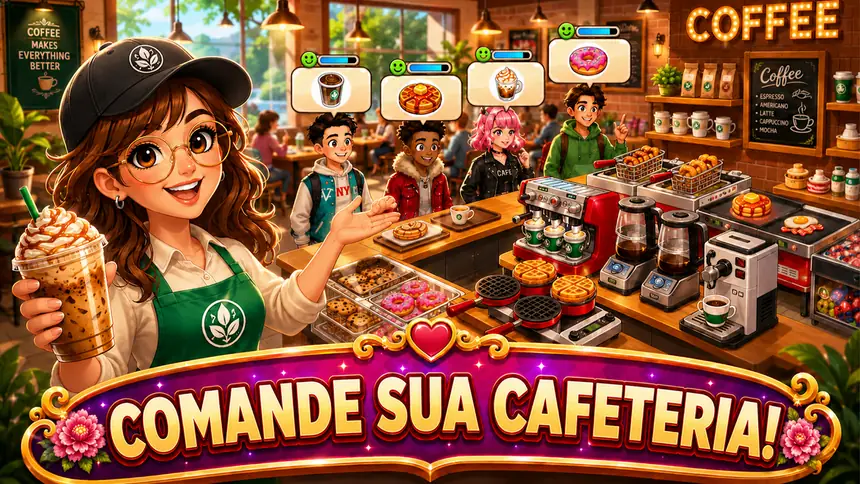 Balcão da cafetaria com bebidas e clientes no jogo Cafe Panic