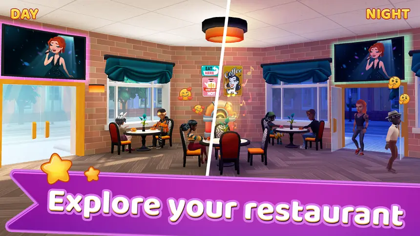 Sala de restaurante em três dimensões no jogo Cafe Sensation