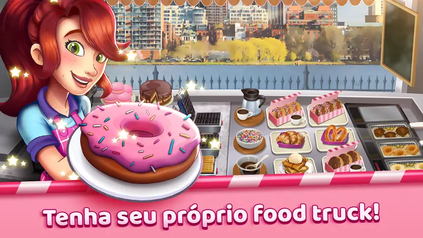Carrinha de donuts a servir clientes no jogo Boston Donut Truck