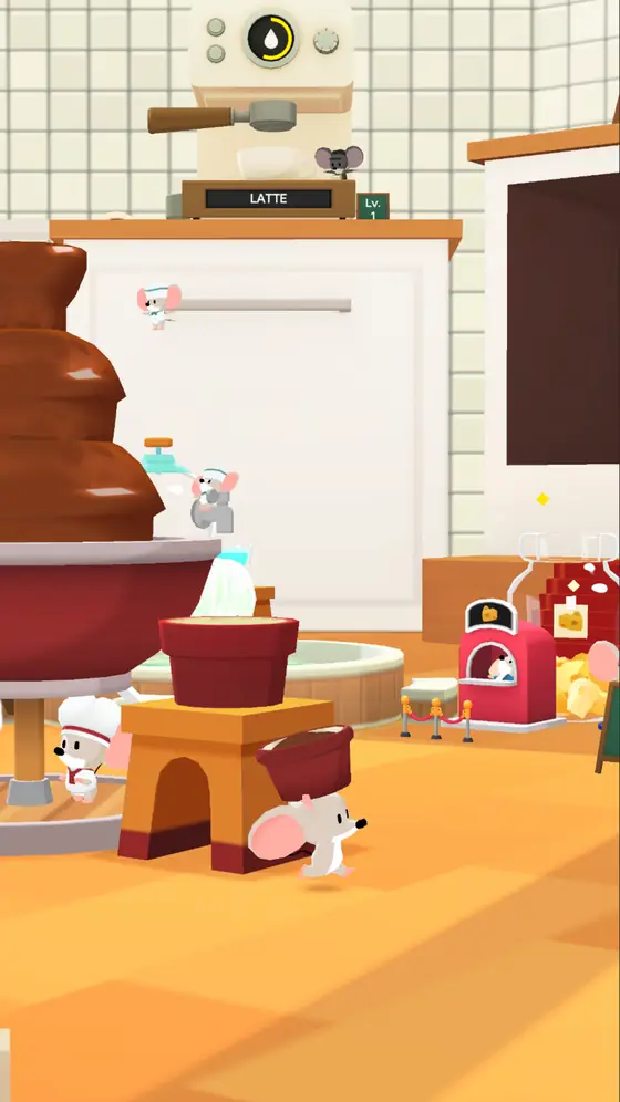 Cozinha de Tiny Cafe com forno, frigorífico e bancada